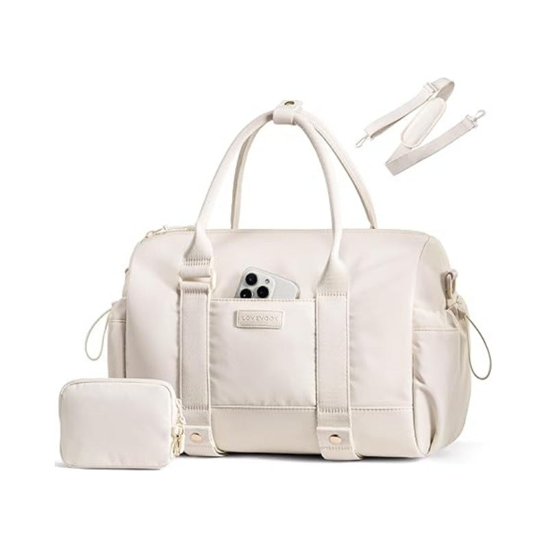 White gym travel bag with mini pouch and detachable strap