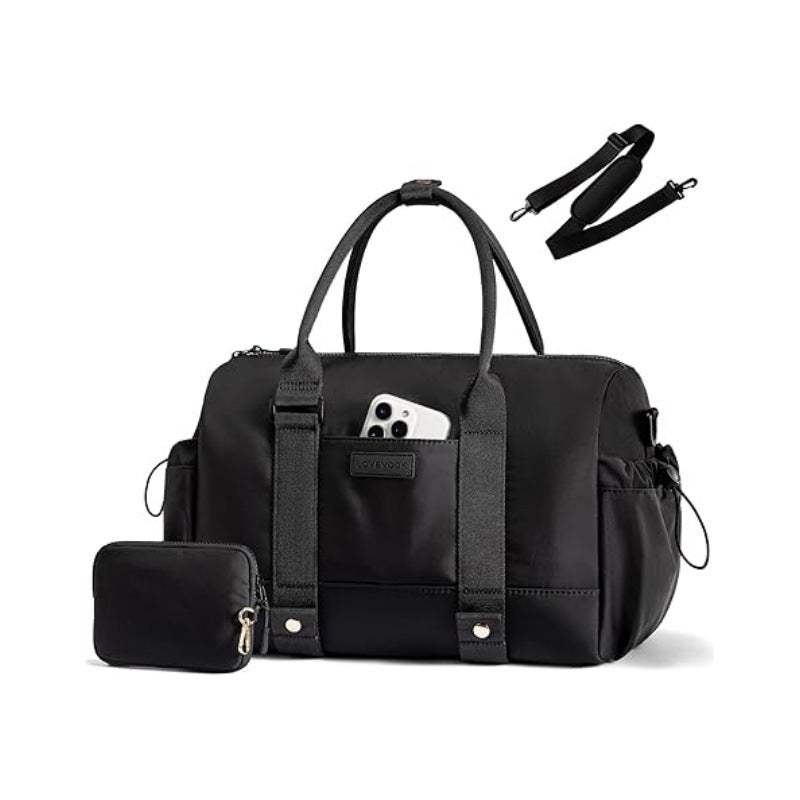 Black gym travel bag with mini pouch and detachable strap