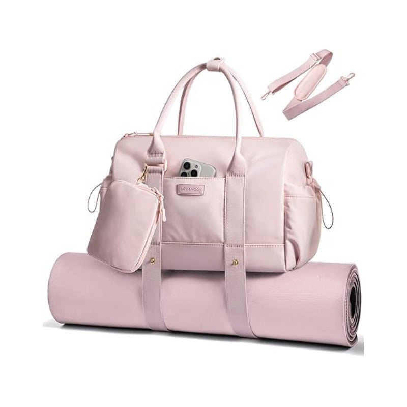 Pink Featherlight bag with yoga mat secured underneath